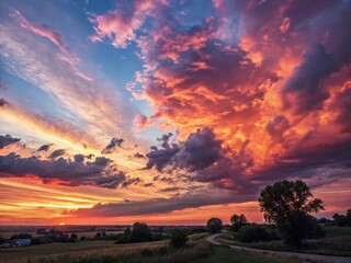 Vibrant Sunset Sky: Colorful Cloudscape with High Depth of Field