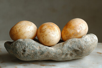 Fototapeta premium Three speckled eggs rest gently on a grey stone
