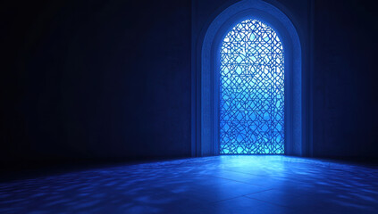 Fototapeta premium Moon light shine through the window into islamic mosque interior. Ramadan Kareem islamic background. 3d render illustration 