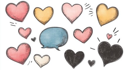 A vector illustration set of hand-drawn speech bubbles. Speech balloon, frames, stylish, handwritten, hearts