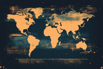 World map illustration in vintage style with textured background and bold yellow details