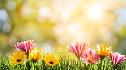 Vibrant Spring Flowers in Sunny Meadow