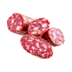 Close-up of Saucisson Sec slices isolated on white transparent background. Concept of fresh deli meat and gourmet food.
