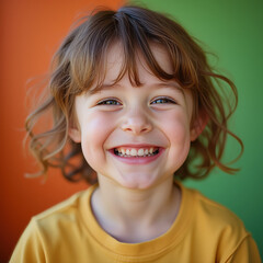 A cheerful child with curly hair enjoys the moment, displaying a wide smile. The background features bright orange and green colors, enhancing the joyful atmosphere