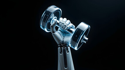 A futuristic robotic arm lifts a glowing dumbbell against a dark background symbolizing strength and technology