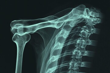 X-ray image of an adult human shoulder and spine showing detailed bone structure and alignment