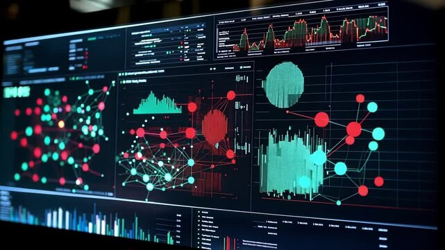 An intricate visualization panel on a computer screen showcasing realtime data analysis with ed data points and red highlights marking outliers amid a sea of blue and green data trends.