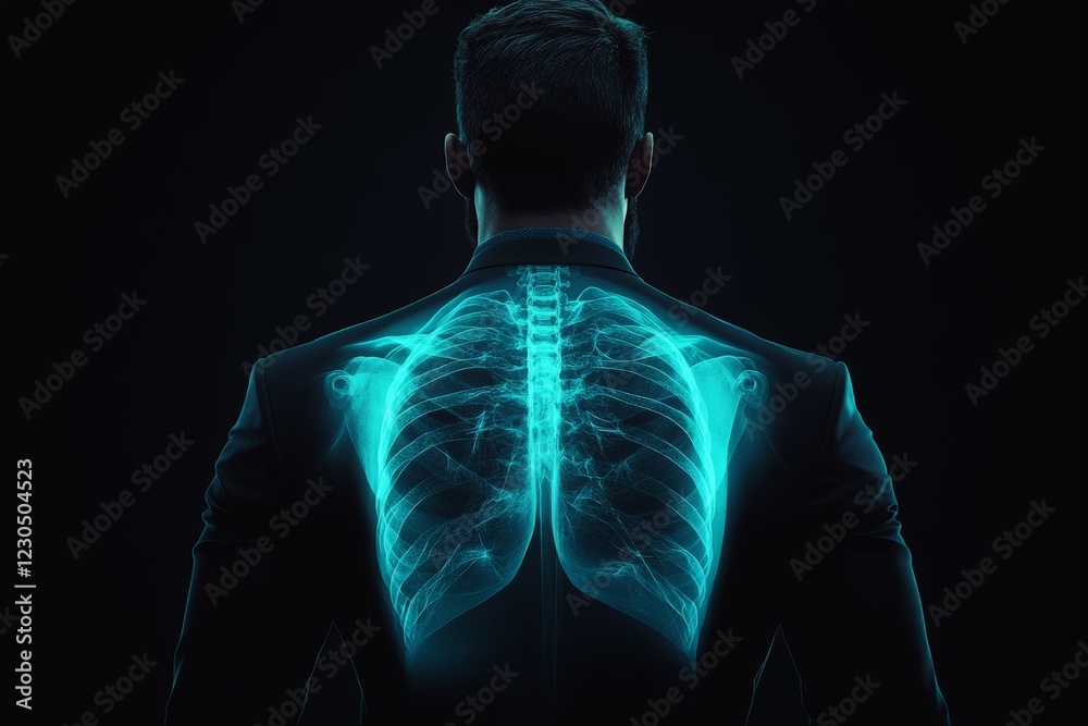 Aufkleber man's back illuminated with an x-ray image of lungs in a dark environment showcasing the beauty of h