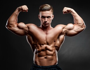A man with a muscular body is flexing his biceps.