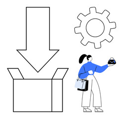 Woman holding shopping bags and wallet, next to a large down arrow pointing into an open box, and a gear cog. Ideal for e-commerce, delivery, consumer behavior, retail, infrastructure, automation