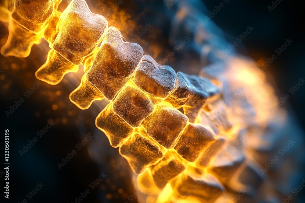 Poster detailed visualization of a human spine with glowing elements in a dark background during a scientif