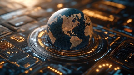 Global network connection, digital earth on circuit board.