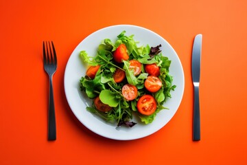Delicious summer salad of tomatoes and various greens on a white plate, fork and knife lying side by side, on an orange background, healthy food concept, weight loss dishes, top view