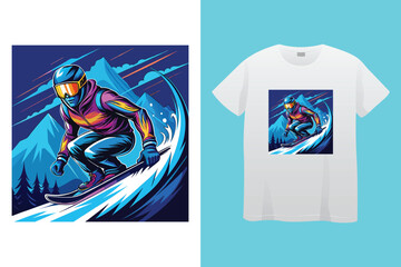 Ski winter sport vintage typography t shirt design with glasses and skier silhouette.