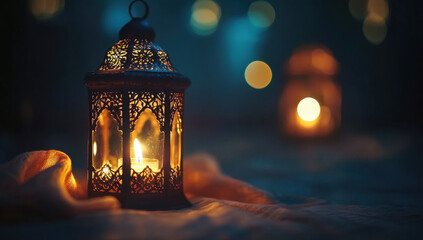 Arabic lantern with burning candle, glowing golden bokeh lights, islamic ramadan background 
