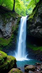Fototapeta premium Waterfall cascade in a rocky cliffside with moss and lichen, #sereneescape, #forestbeauty