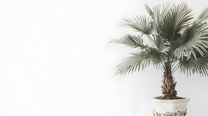 Obraz premium Elegant Minimalist Palm Plant in White Pot Against White Wall