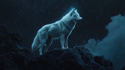Majestic white wolf on mountain peak, night sky, stars, clouds, fantasy art