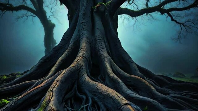 Old tree in the forest, big banyan tree roots trunk in the woods, ancient old tree win the jungle in foggy background generative AI