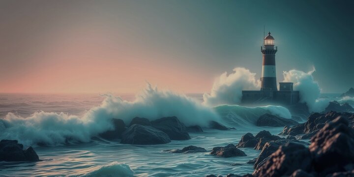 A lighthouse is on a rocky shoreline, with the ocean waves crashing against the rocks. The scene is serene and peaceful