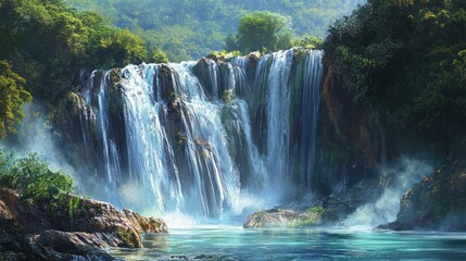 Naklejka premium Lush Waterfall in Jungle, Mist, Tranquil Pool