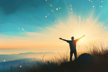 Happy man rise hand on morning view. Christian inspire praise God on good friday background. Now one man self confidence on peak open arms enjoying nature the sun concept world wisdom fun hope.