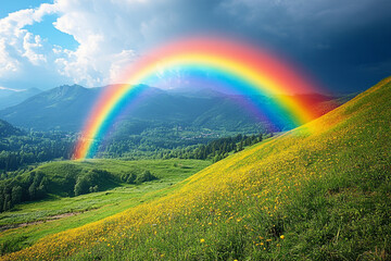 Naklejka premium Rainbow Arcing Over Lush Green Mountain Meadow