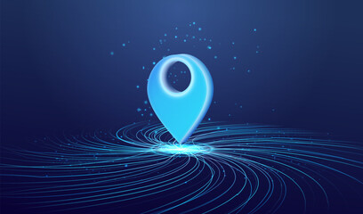 GPS 3d pin icon on the road map background. Ai GPS navigation symbol in technology design. Geo point location, navigator travel way and transport logistics delivery concept. Blue lines vector.