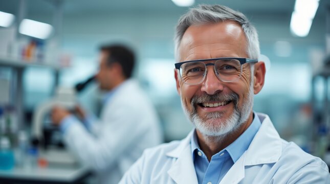  a middle-aged man with a neatly groomed beard, wearing safety glasses and a white lab coat.