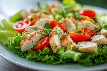 Appetizing summer salad with meat, tomatoes, basil and lettuce, healthy summer breakfast in a white plate on the table, healthy food concept, weight loss food