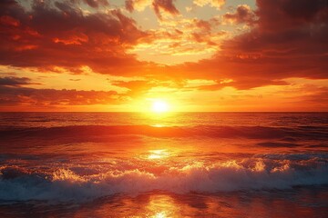 Fototapeta premium A vibrant sunset over the ocean, with dramatic clouds and golden light