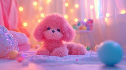 Fototapeta premium Adorable Pink Fluffy Toy Poodle in a Dreamy Room