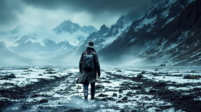 Hiking in the mountains video clip. Strange traveler in a big hat. A terrifying journey to a dark wonderland. 