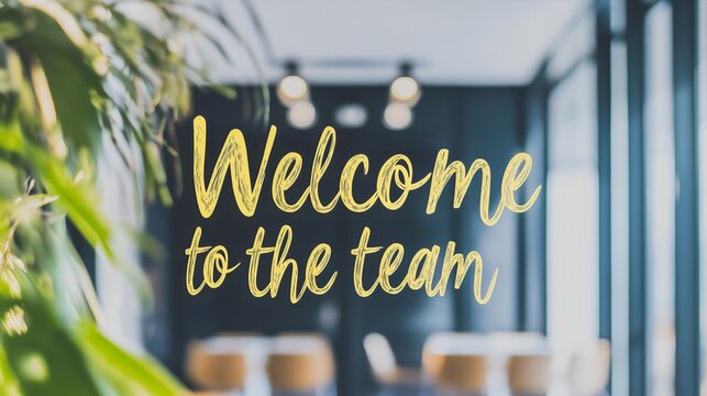 welcome to the team text in an office environment with warm lighting