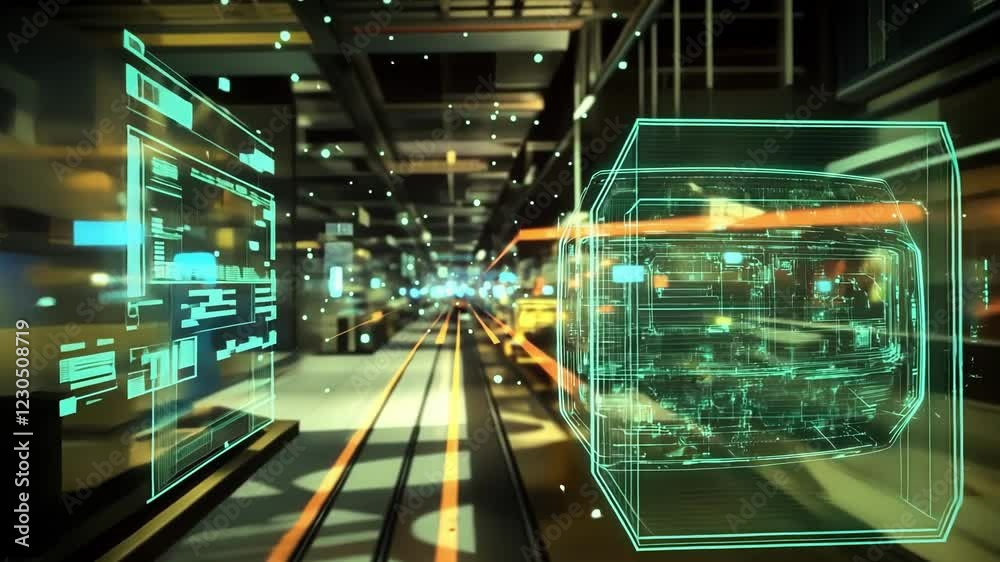 Poster a closeup of an augmented reality headset displaying the virtual layout of a production line with re