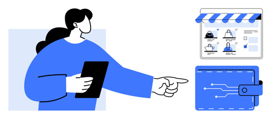 Person with tablet points towards an open digital wallet and an online store interface with user profiles. Ideal for e-commerce, online shopping, digital payments, technology, customer service