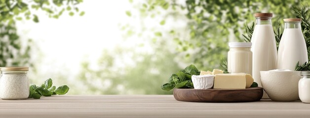 Rustic table showcases milk and cheese in glass jars, set against a lush field and grazing cows under a bright sky