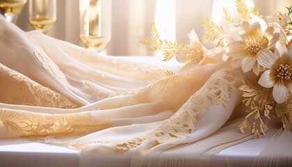 Soft wedding background with muted gold and ivory hues, gentle lace details, and warm golden lighting for a delicate aesthetic.