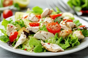 Appetizing summer salad with meat, tomatoes, basil and lettuce, healthy summer breakfast in a white plate on the table, healthy food concept, weight loss food