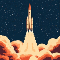 Obraz premium Rocket Ascending Through Clouds Towards Starry Night