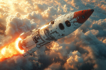 Fototapeta premium Rocket Ascending Through Cloudscape During Sunset