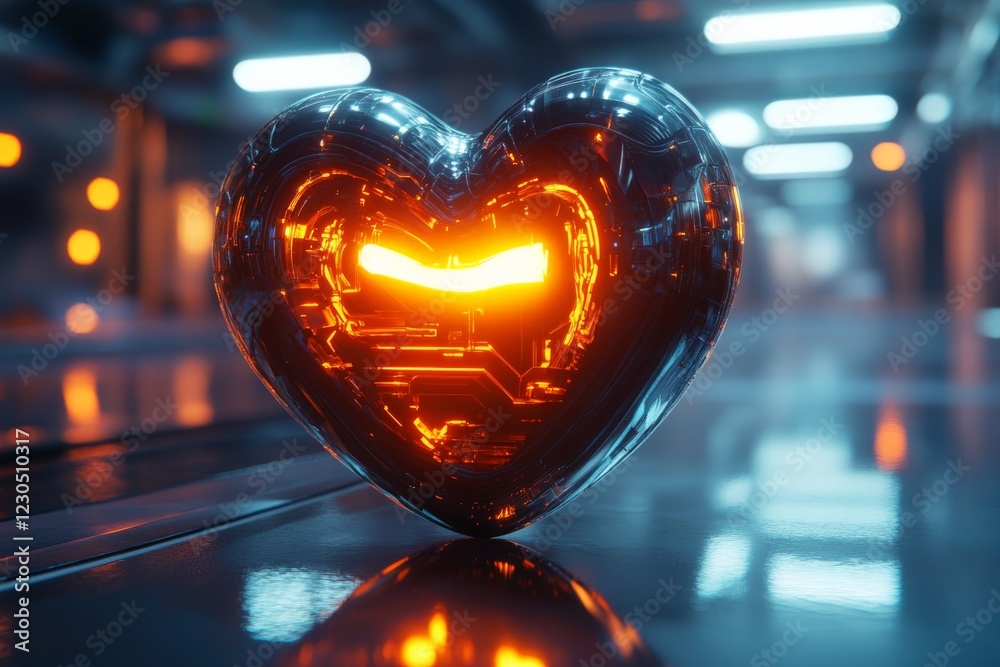 Poster Heart-shaped futuristic object with glowing core displayed in a high-tech environment during a vibrant light exhibition