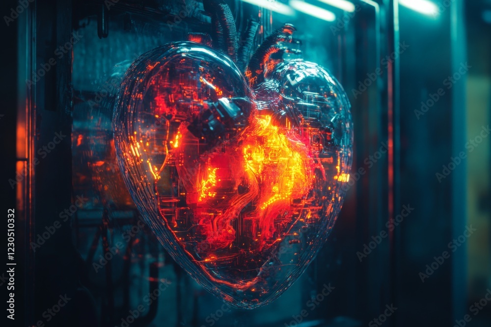 Aufkleber futuristic heart made of glowing circuits displayed in a dimly lit technology exhibit