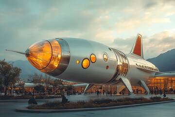 Obraz premium Futuristic Spaceship Model Displayed Outdoors At Dusk