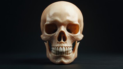 Obraz premium A detailed anatomical skull is presented against a dark background, showcasing its intricate structure, This image can be used for educational materials in biology, medicine, or art,