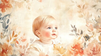 Watercolor Portrait of a Baby Amidst Floral Designs