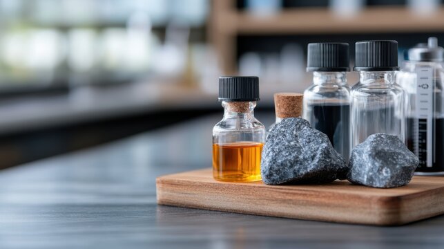 A collection of glass bottles filled with various liquids is displayed alongside rock samples on a wooden tray, This image can be used for scientific, educational, or pharmaceutical contexts,