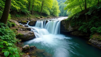 Fototapeta premium Waterfall on Wetilna river in Bieszczady Mountains reserve, scenery, greenery