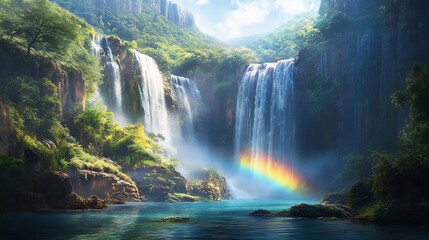 Majestic Waterfall Landscape: Serene Rainbow, Lush Greenery