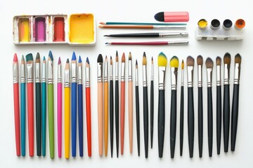 Fototapeta premium A vibrant collection of art brushes and paints arranged neatly, perfect for creative projects and artistic inspiration.